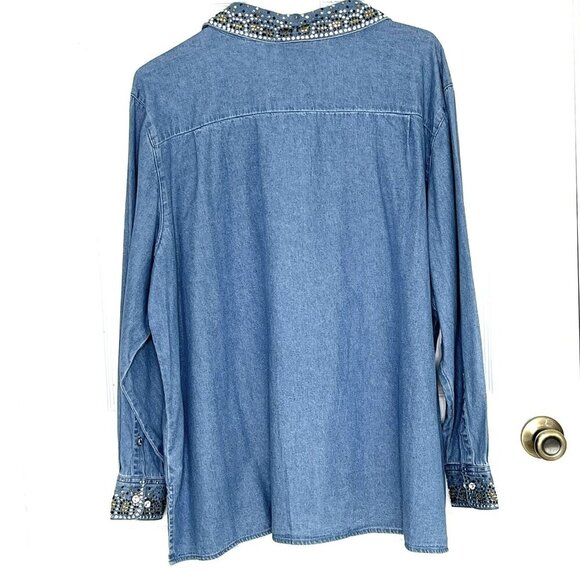 Quacker Factory Denim Button Up Top 2X Rhinestones Bling Western NEW - Picture 3 of 7